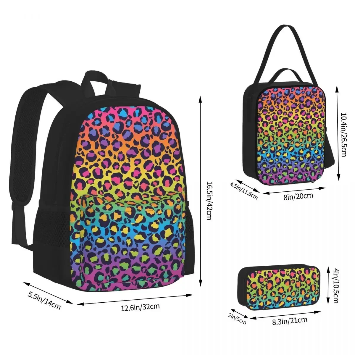 

Rainbow Gradient Leopard Print Backpacks Girls Bookbag Children School Bags Cartoon Rucksack Lunch Bag Pen Bag Three-Piece Set