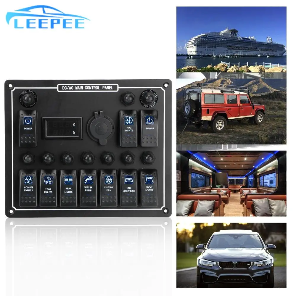 

LED AC/DC Waterproof Dual Power Control Rocker Switch Panel Overload Protection 10 Gang 15A DC Output Car Auto Marine