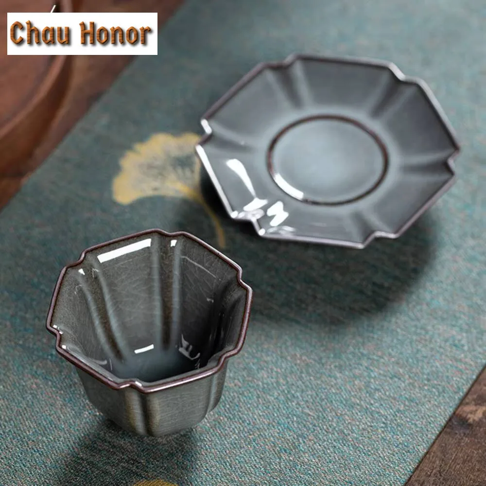 80ml Handmade Longquan Celadon Teacup Creative Hexagonal Palace Lamp Chazhan Iron Tyre Master Cup with Saucer Set Teaware Gifts