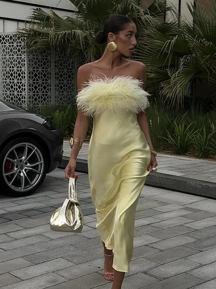 Elegant Yellow Feather Splicing Satin Strapless Dress Women Chic Sleeveless  High Waist Slim Long Dresses Lady Summer Party Robes - AliExpress 200000345