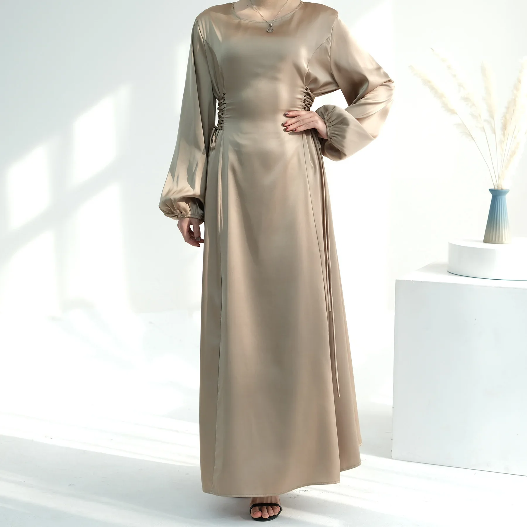 Satin Muslim Dress Plain Abaya Dubai Adjustable Waist Long Party Evening Dresses for Women Luxury Islamic Clothing Kaftan Robe