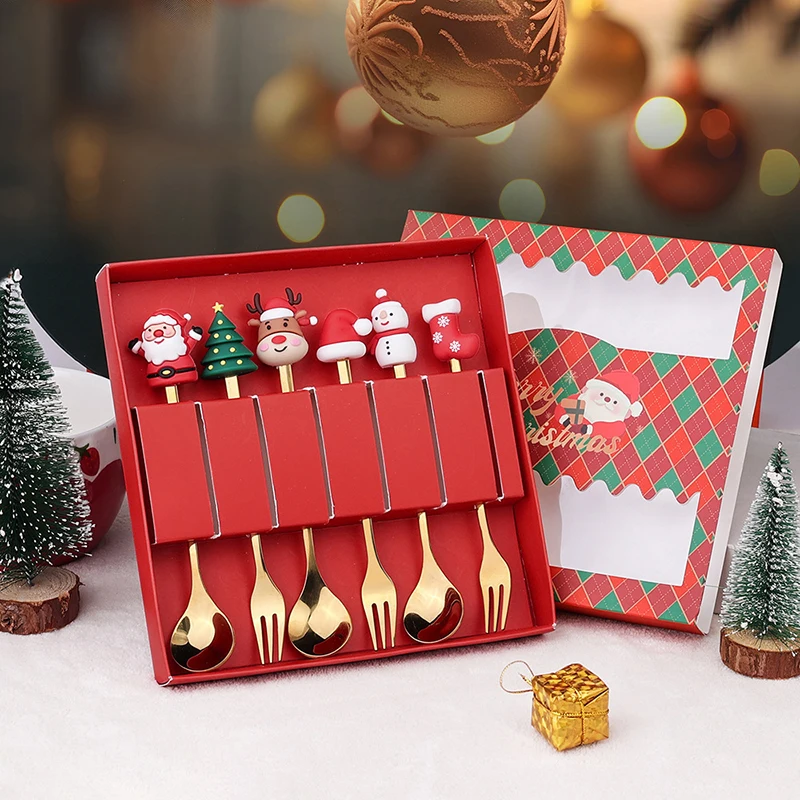 Christmas Fork And Spoon Set Stainless Steel Creative Tableware Coffee Tea Dessert Forks And Spoons Gift Set 2/4Pcs cutlery set western style cutlery set picnic cutlery set stainless steel cutlery set