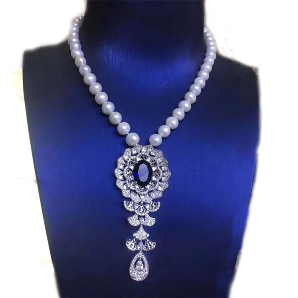 

YKNRBPH 2023 Women's Natural Freshwater Pearl Necklace Blue Zircon Boutique Temperament Sweater Chains