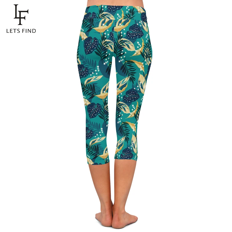LETSFIND New Women Leaf Printed Green Leggings High Waist Fashion Elastic  Mid-Calf 3/4 Casual Leggings for Summer
