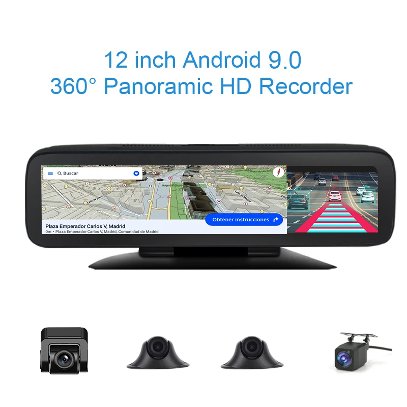 12 inch Car Camera 360&deg; Panoramic WiFi Dash Cam 4 Cameras rear mirror Video Recorder Android 4G ADAS Bluetooth GPS Navigation
