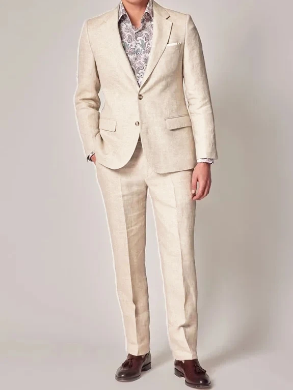 Beige Summer Linen Elegant Men Suit Fashion Smart Casual Slim Fit Blazers Business High Quality Custom 2 Piece Set Costume Homme