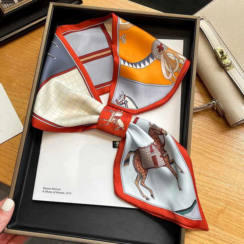 Luxury Spring Summer Ear Silk Scarf Women Striped Print Neckerchief Wrist Towel Korean Style Tie Bag Band Ladies Neck Scarf 2023 1