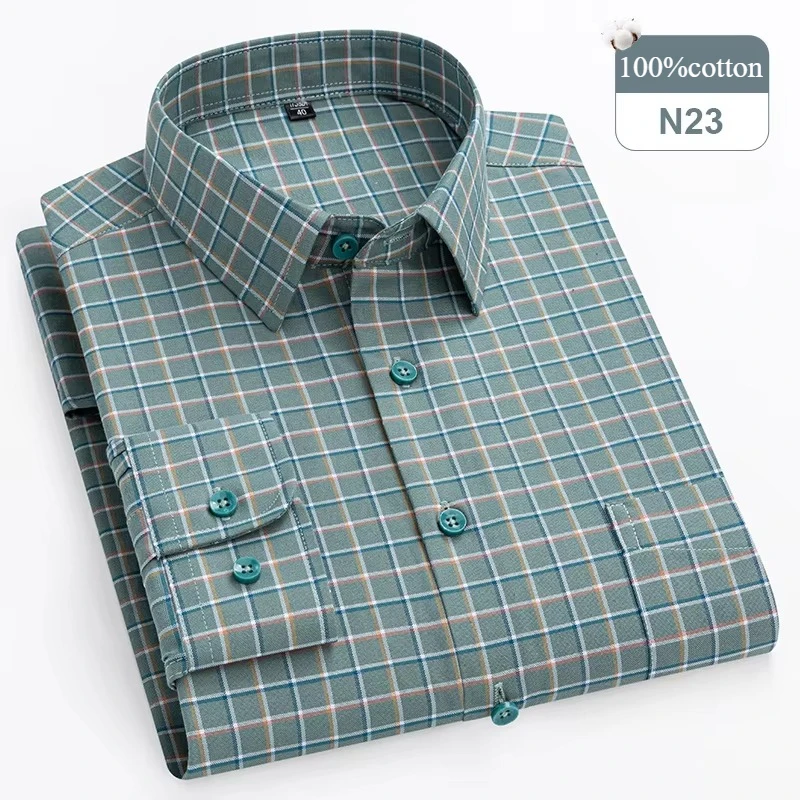 Men's Plus Size Long-Sleeve 100% Cotton Slim Fit Formal Shirt - Soft Plaid and Striped Design