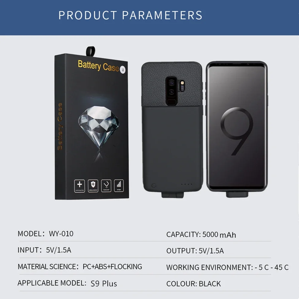 휴대용 충전기 보조베터리 커버, 삼성 갤럭시 S9 플러스 배터리 케이스, 5000mAh 마그네틱 보조배터리 외부 충전 케이스