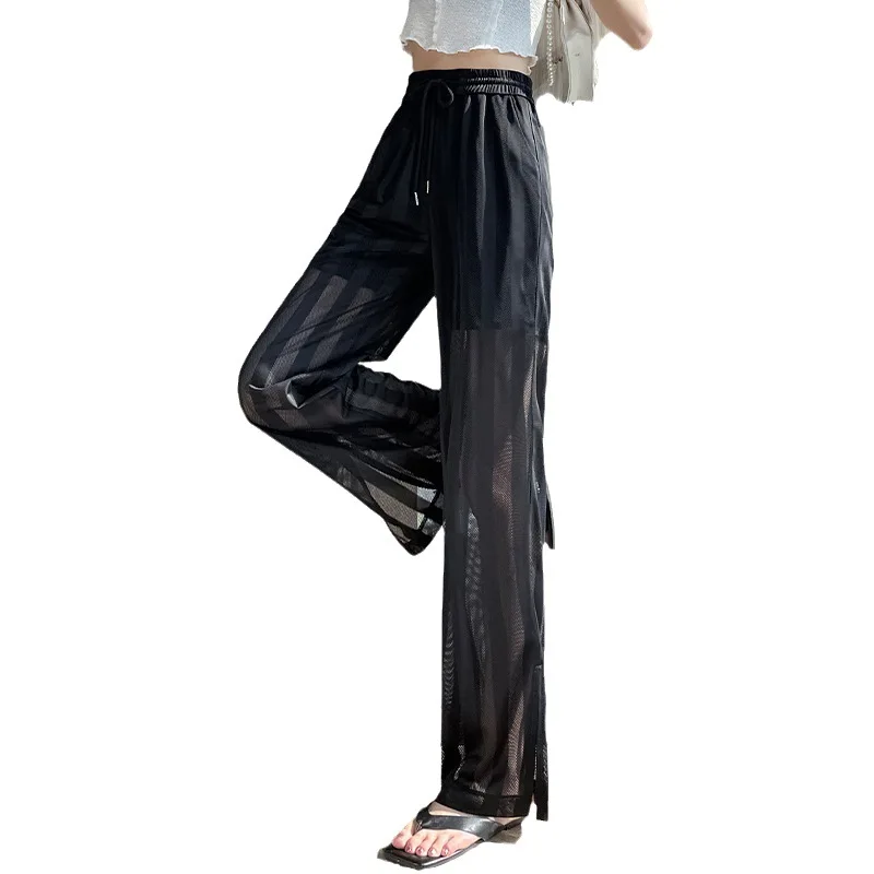 Lace Ice Silk Mesh Wide Leg Pants 2024 Summer New Large Size Slit Straight Casual Pants Women's Fashion Trousers