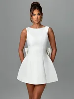 Leosoxs Robe courte sexy dos nu avec nœud en perles pour femme, tenue tendance, fermeture éclair, sans manches, taille haute, coupe trapèze, tenue de soirée élégante 5