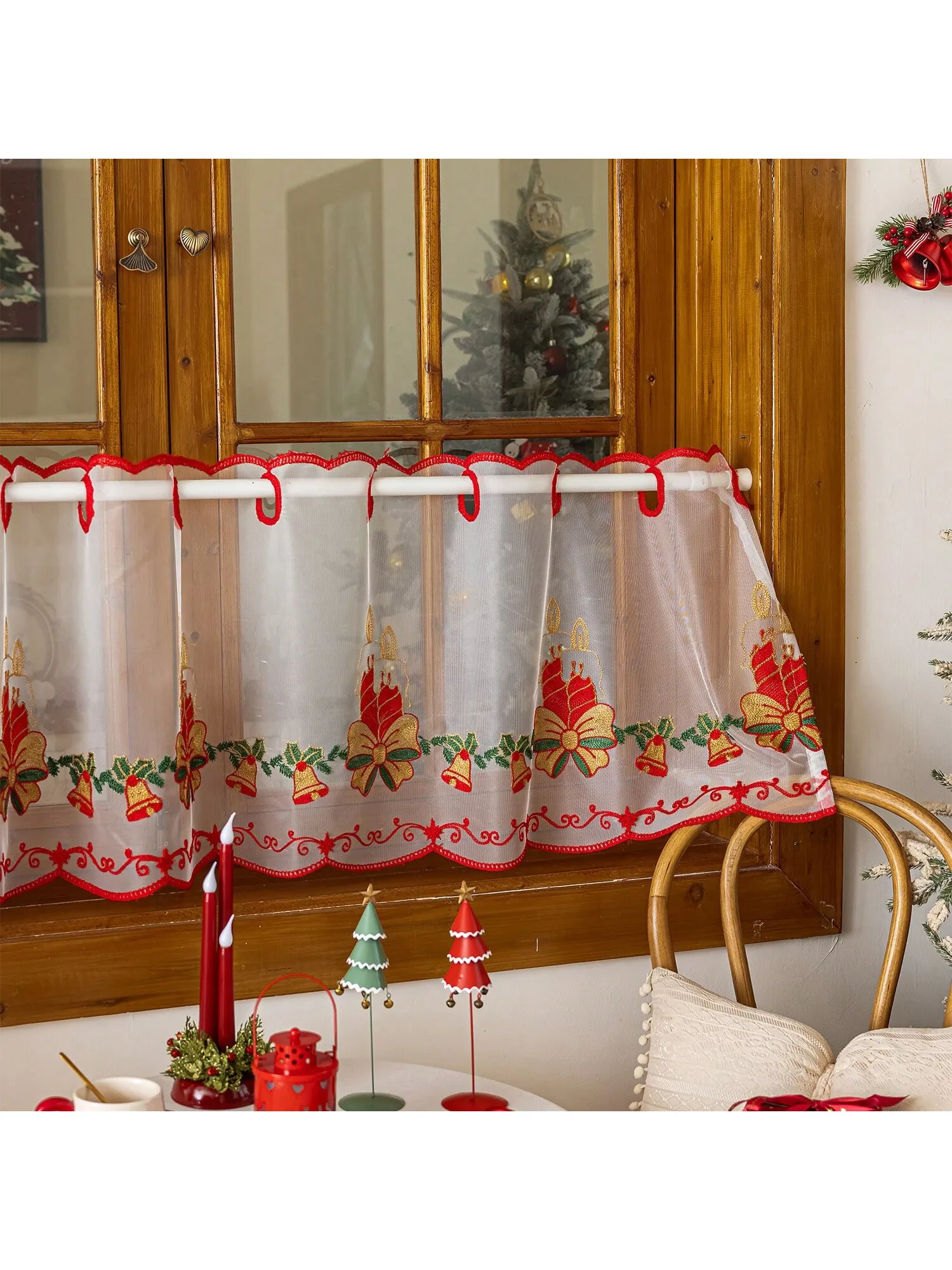1pc Christmas Santa Reindeer Sheer Valance Curtain Festive Window Decor For Holiday Kitchen Dining Room