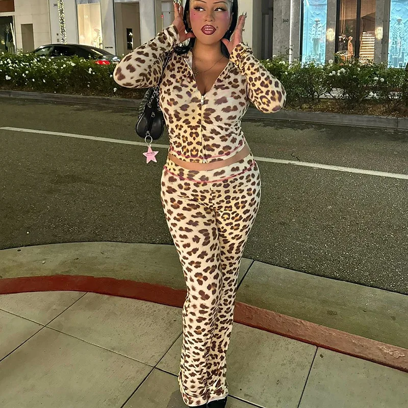 Fashion Printed 2 Piece-Set Women Hoodie Slim Cropped Top And High Waist Trousers Outfits Contrast Women's Pants Sets