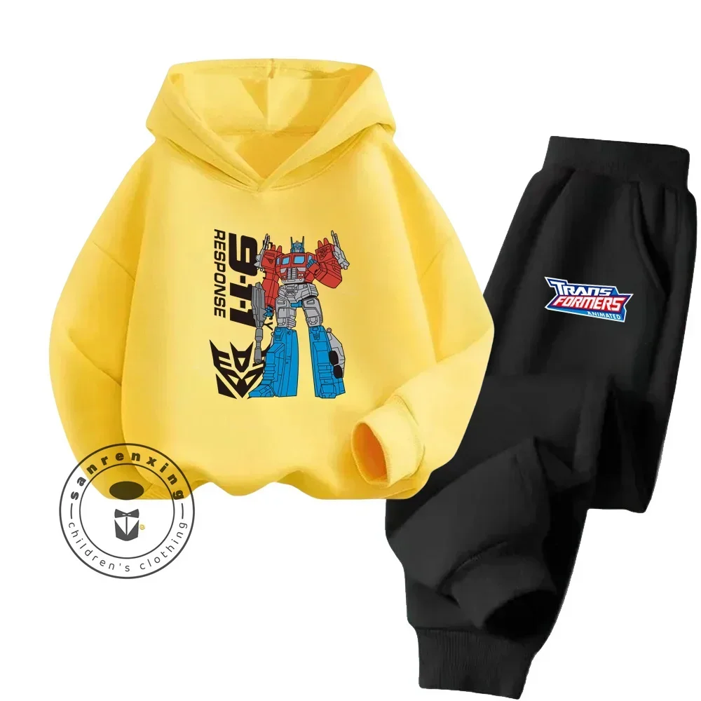 Conjunto de sudadera con capucha de algodón para primavera y otoño de 2024 para niños y niñas, conjunto de sudadera con capucha elástica de moda de hip hop con dibujos animados de Transformers