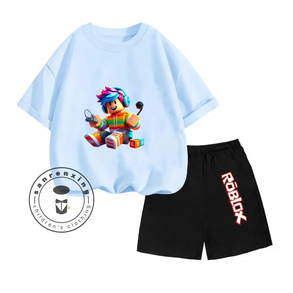 Kids 3-13 Years Old Summer Cute Roblox Games Cartoon Print Design O-neck American Short Sleeve +Fashion Letter Shorts Set 5