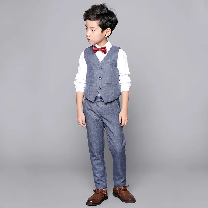 Boy Plaid Vest Suit Kids Waistcoat Wedding Clothes Sets Toddler Formal Dress Children Brooch Shirt Pant Baby Gentlemen Outfits