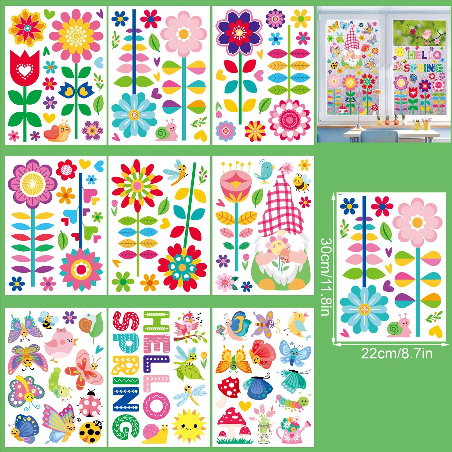 9 Sheets Spring Window Clings Static Stickers Colorful Double-Sided Flower Glass Decals Kids Bedroom Home Decor Supplies