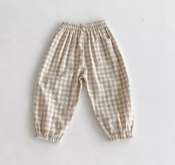 Vintage Linen Cotton Striped Casual Children's Pants with Pocket Design and Elastic Waist - 5 - 6 Years (Khaki Plaid)