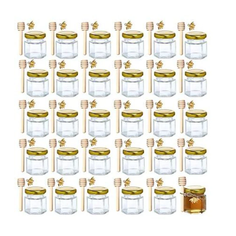 20Pack 1.5oz Hexagon Mini Glass Honey Jars with Wooden Dipper Gold Lids Gold Bee Pendants Jutes Perfect for Baby Showers Party