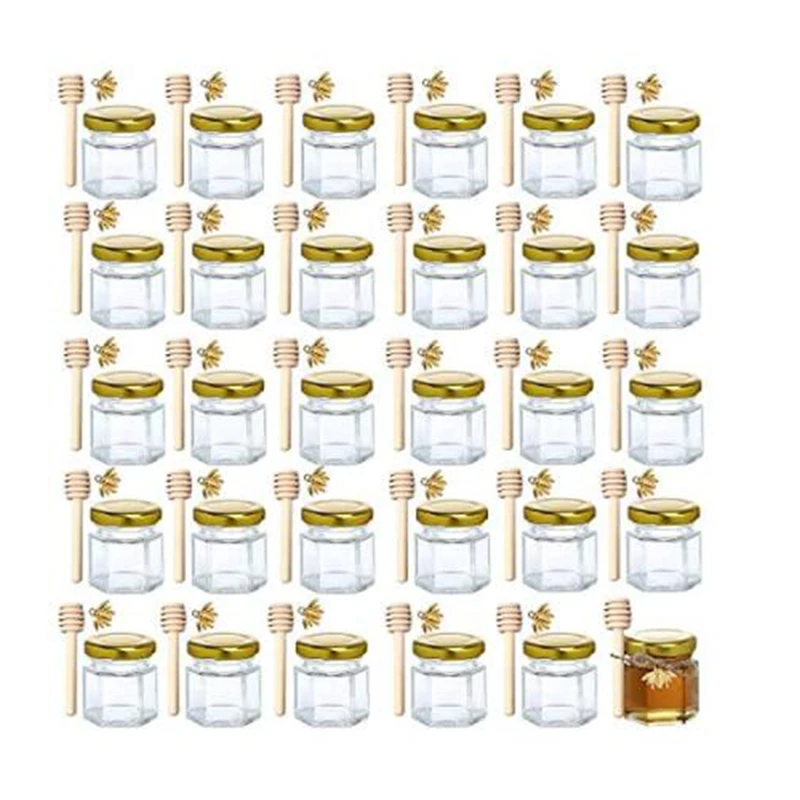 20 Pack Hexagon Mini Glass Honey Jars with Wooden Dipper  Gold Lids  Gold Bee Pendants Jutes  20 Pack- Perfect for Baby Showers