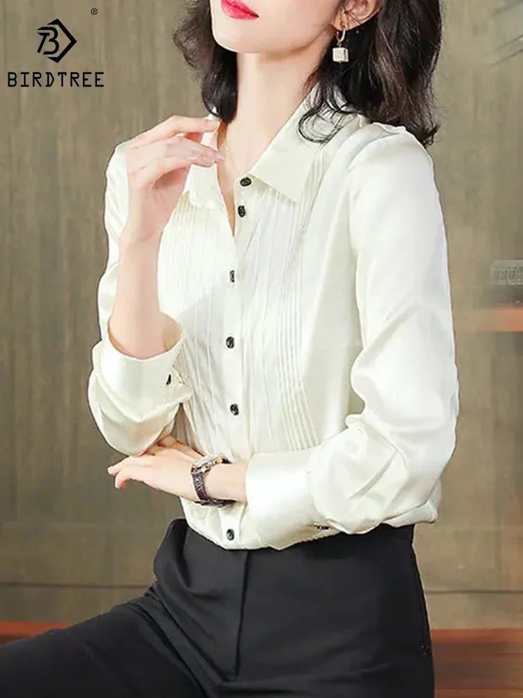 

Birdtree,Long Sleeve Folds,92%Real Silk,Elegant Women Fashion Shirts,Loose Blouses,Office Lady 2024 Spring Tops,T41134QM