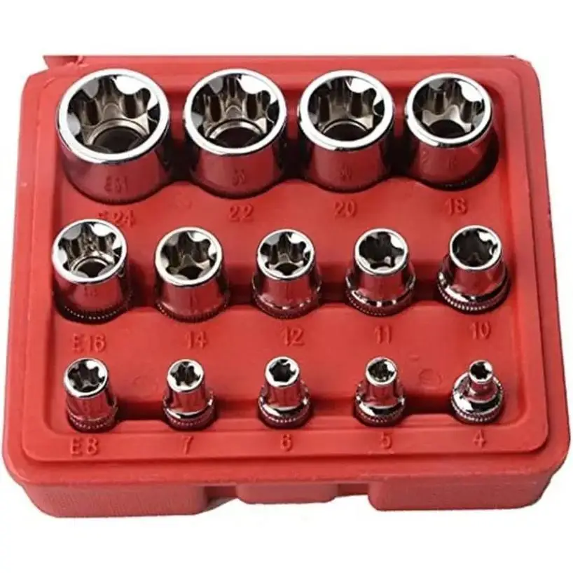 14 Pcs E-Torx Hexagonal Plum Socket Set with Case 1/4, 3/8, 1/2 in ...