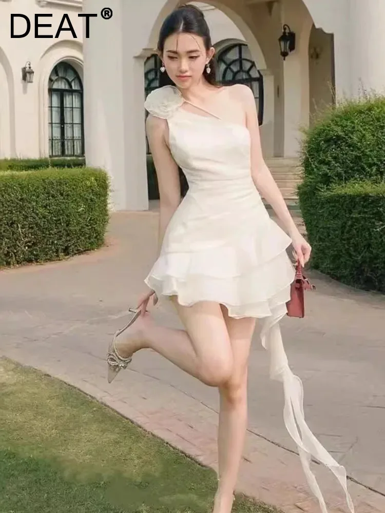 

DEAT Elegant Dress One Shoulder 3D Flower Flounce Ribbon Asymmetrical Solid Women's Casual Dresses 2024 Summer New Tide 35Z571
