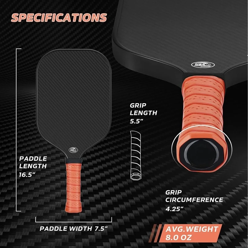 New-16MM Pickleball Paddle 3K Carbon Fiber Surface PP Honeycomb Core Enhanced Power Anti-Slip Hand Grip Paddle