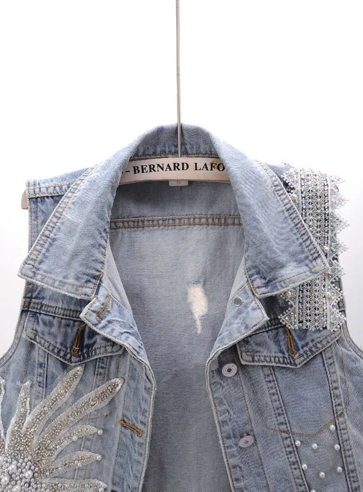 Women's Korean Style Lace Beaded Denim Vest Denim Waistcoat Fashion Cardigan Sleeveless Cropped Top Loose Plus Size Ripped Vest