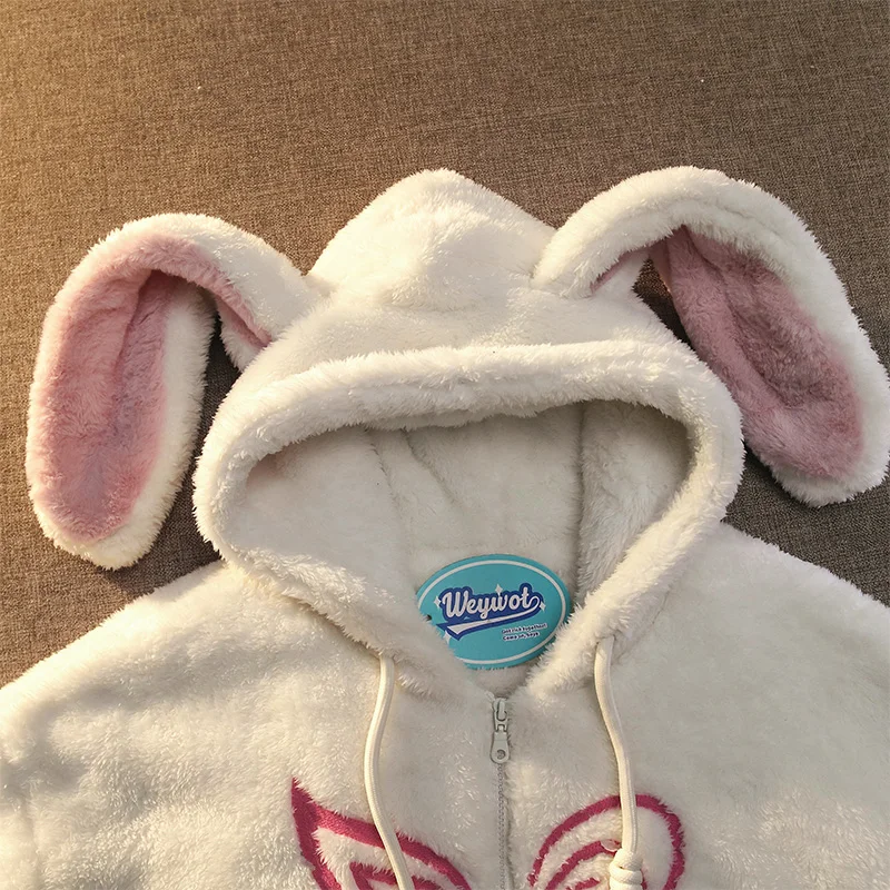 Hoodie Cotton Thermal Jacket Women's Cute Funny Rabbit Ear Lamb Cotton Clothing New Fashion Loose Zipper Hoodie Thermal Jacketr