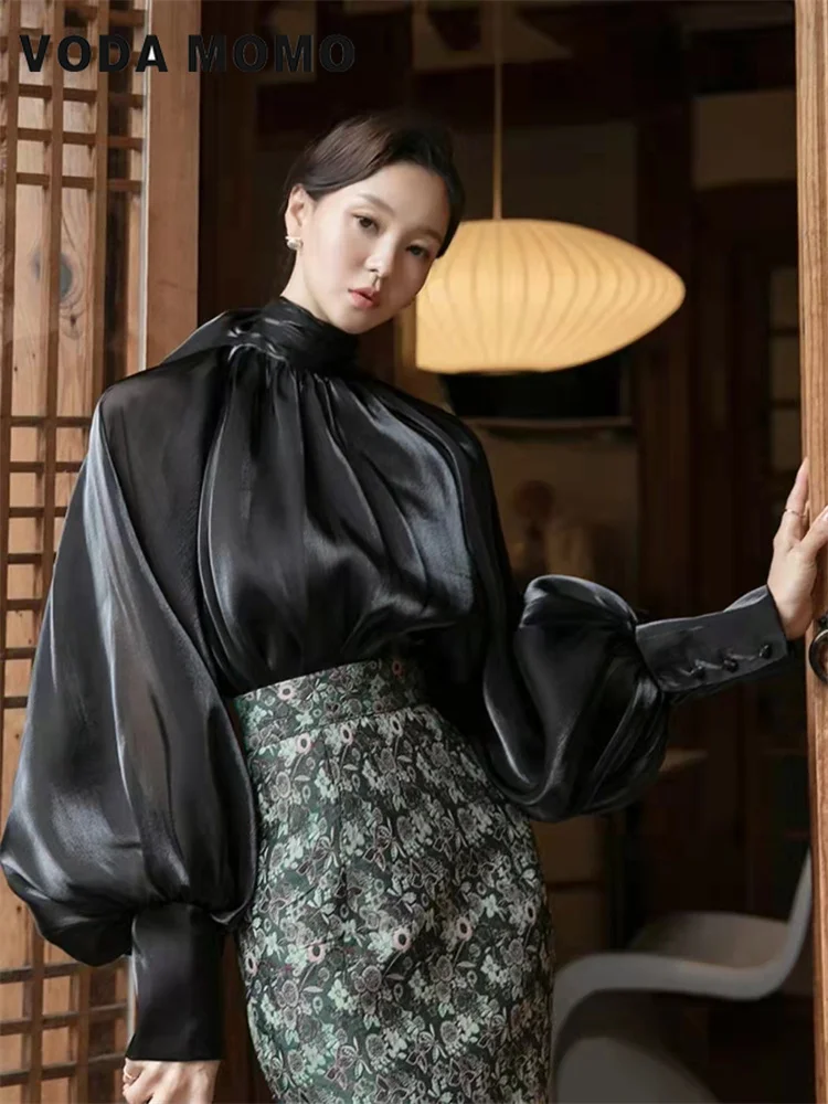 Spring Summer Women Fashion Blouse Elegant Turn Down Collar Female Blouse Long Sleeve Shirts Tops Gentle Wind Satin Silk Shirt