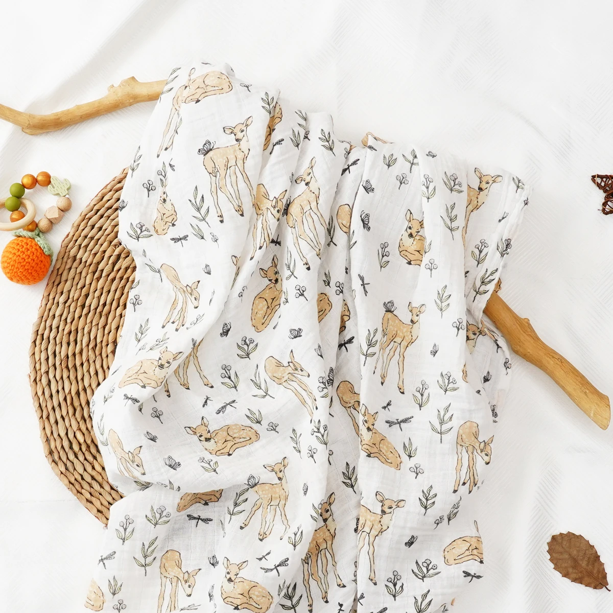 HappyFlute 1PCS Nature Printing 120*110CM  Muslin Cotton Fabric Baby Swaddle Light Blanket Baby Infant Wrap 6