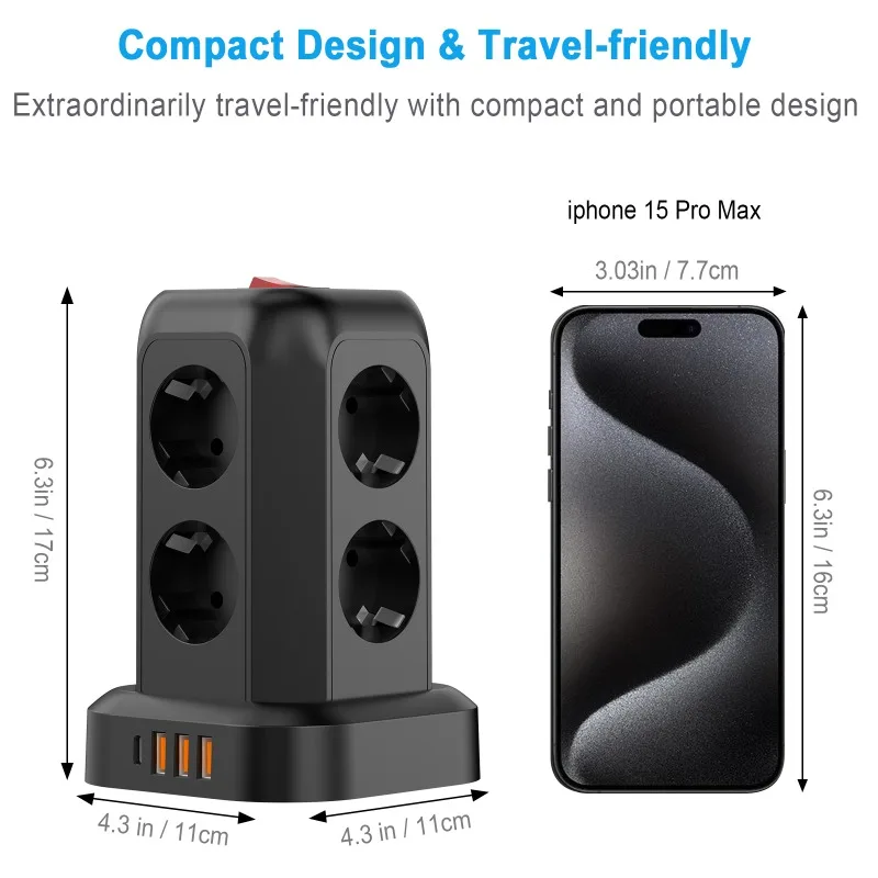 EU Plug Surge Protector Multi-Socket with 8 AC Outlets,3 USB and 1 Type C Ports，1.8M Extension Cable