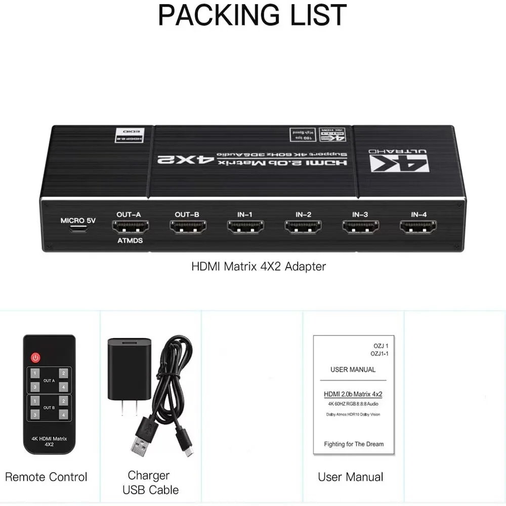 4x2 HDMI Ʈ ġ й 4 in 2 Out 4K @ 60Hz HDTV ó ġ, PC, PS4, DVD, TV xbox DTSHD DolbytrueHD DTS 