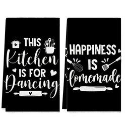 Set of 2 Black Background Kitchen Towels with Fun Text - Super Absorbent and Soft Cleaning Cloths for Cooking, Baking, and Home Décor (Black)
