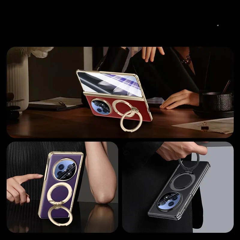 Luxury Leather Folding Case with Magnetic Rotating Ring Holder & Privacy Glass