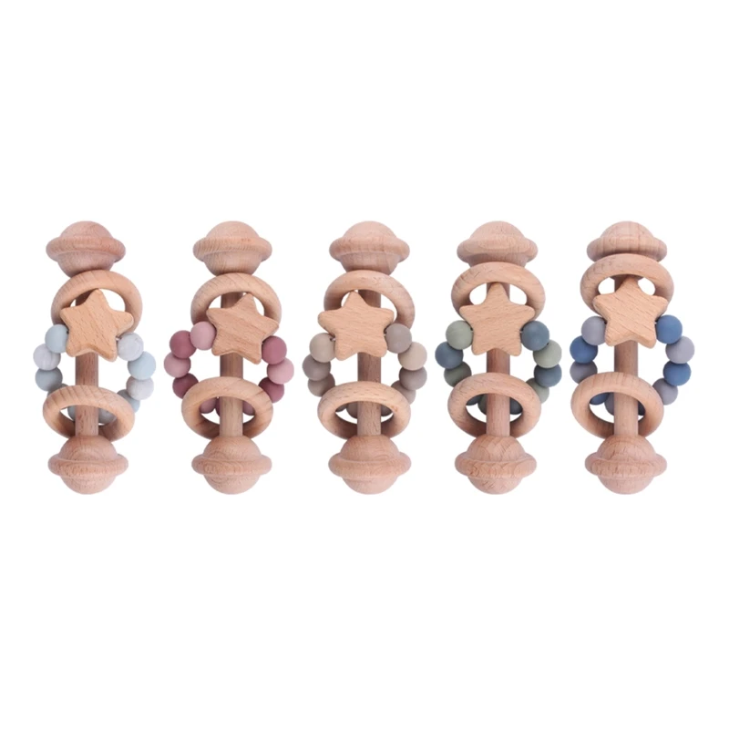 

Infant Handhold Shaking Beech Wood Teething Toy Rattle Educational Baby Silicone Bead Chain Auditory Enlightenment