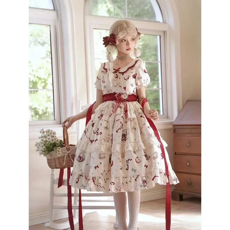 Autumn Lolita Dress Beige Apple Print Chiffon Girl Mid Length Kawaii Dress Short Sleeve Petal Collar Waist Tight Op Dresses