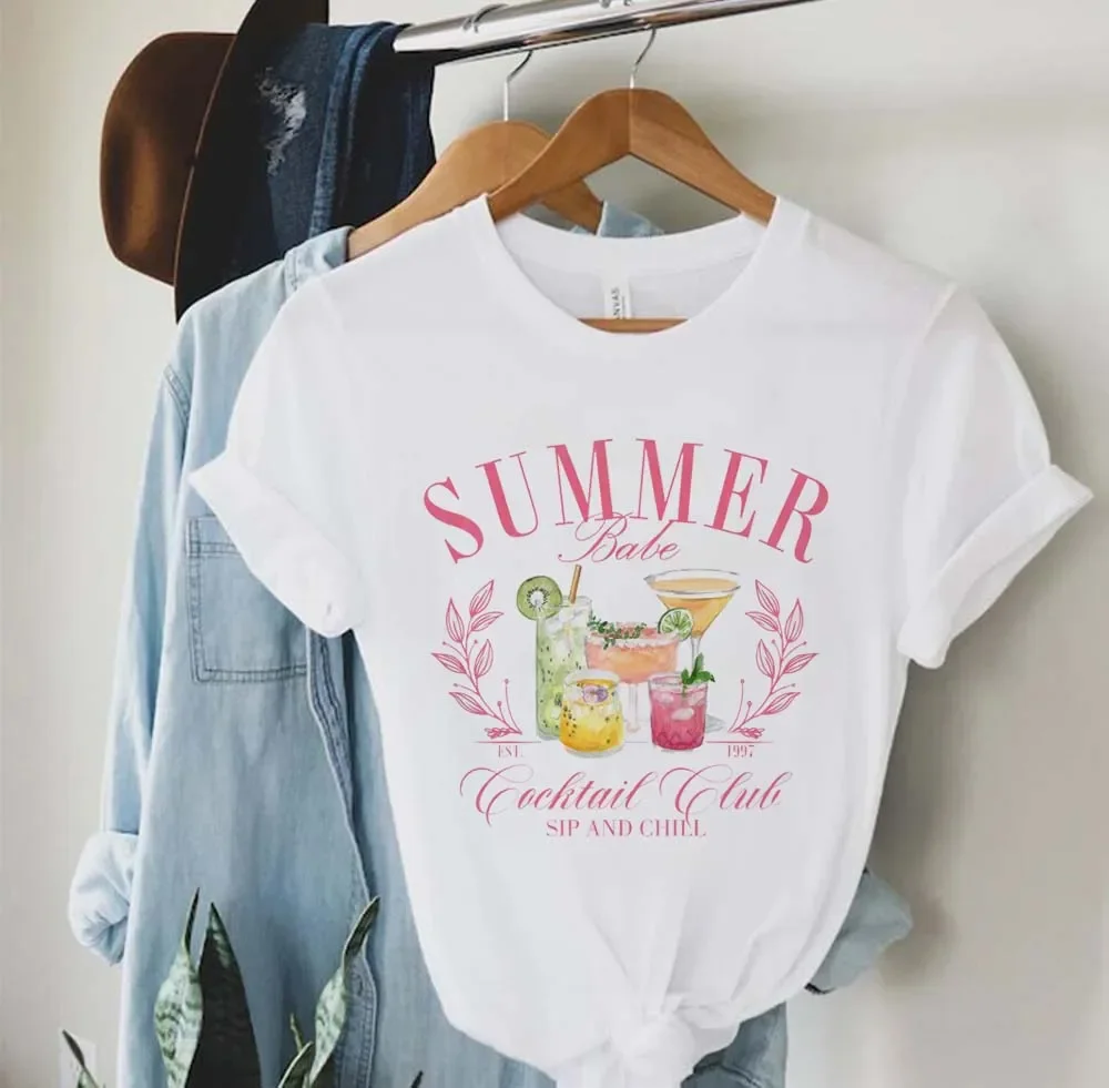 

Summer Cocktail Club New T-Shirt Short Sleeved Women's Printed Women's Fun Versatile Pattern Casual Style Printed Summer T-Shirt