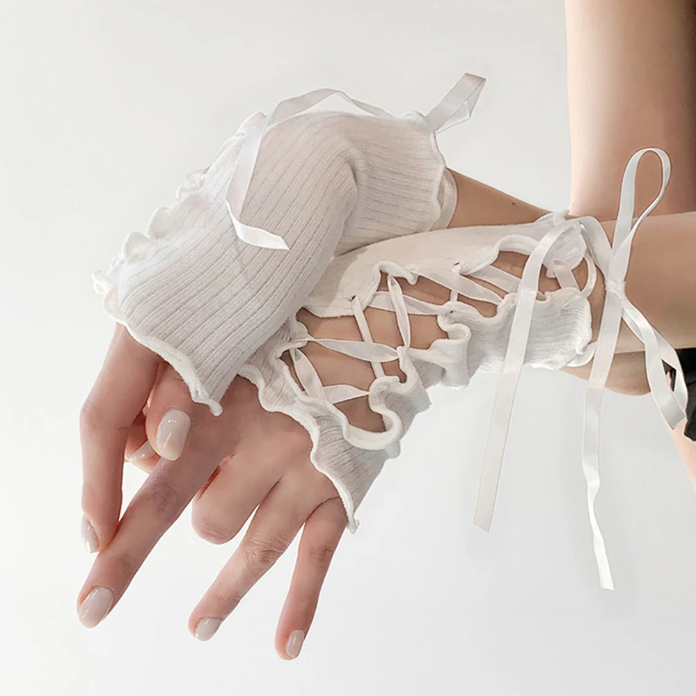 

Women Lolita Gloves Jk DIY Strapping Lace Fingerless Gloves Punk Sunscreen Sleeve Elastic Hollow Out Short Arm Sleeve Y2K Gloves
