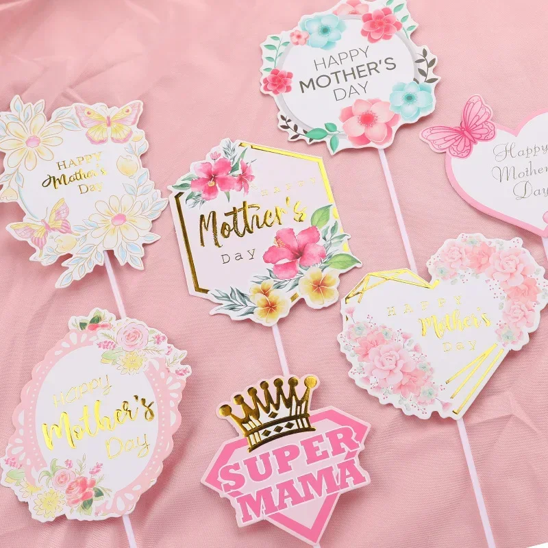 Happy Mother's Day Cake Topper Best Mom Ever Mom Birthday Party Rose Flowers Heart Butterfly Cupcake Baking Decor Flag