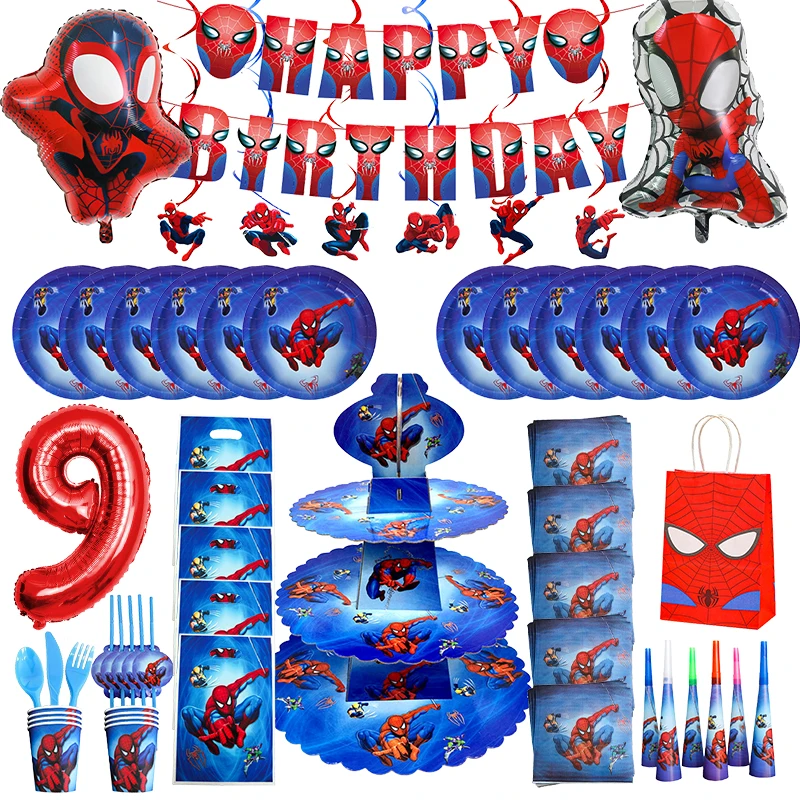 Spiderman Themed Birthday Party Supplies Disposable Meal Banner Tablecloth Children's Birthday Party Aluminum Balloon Decoration