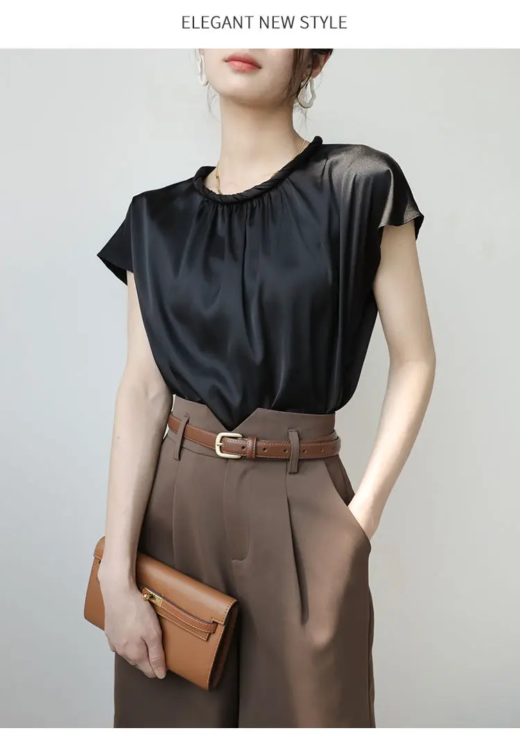 

Korea Women's Elegant Blouse Office Tunic Satin Silk Blouse Basic Tops Summer Chiffon Blouses for Women