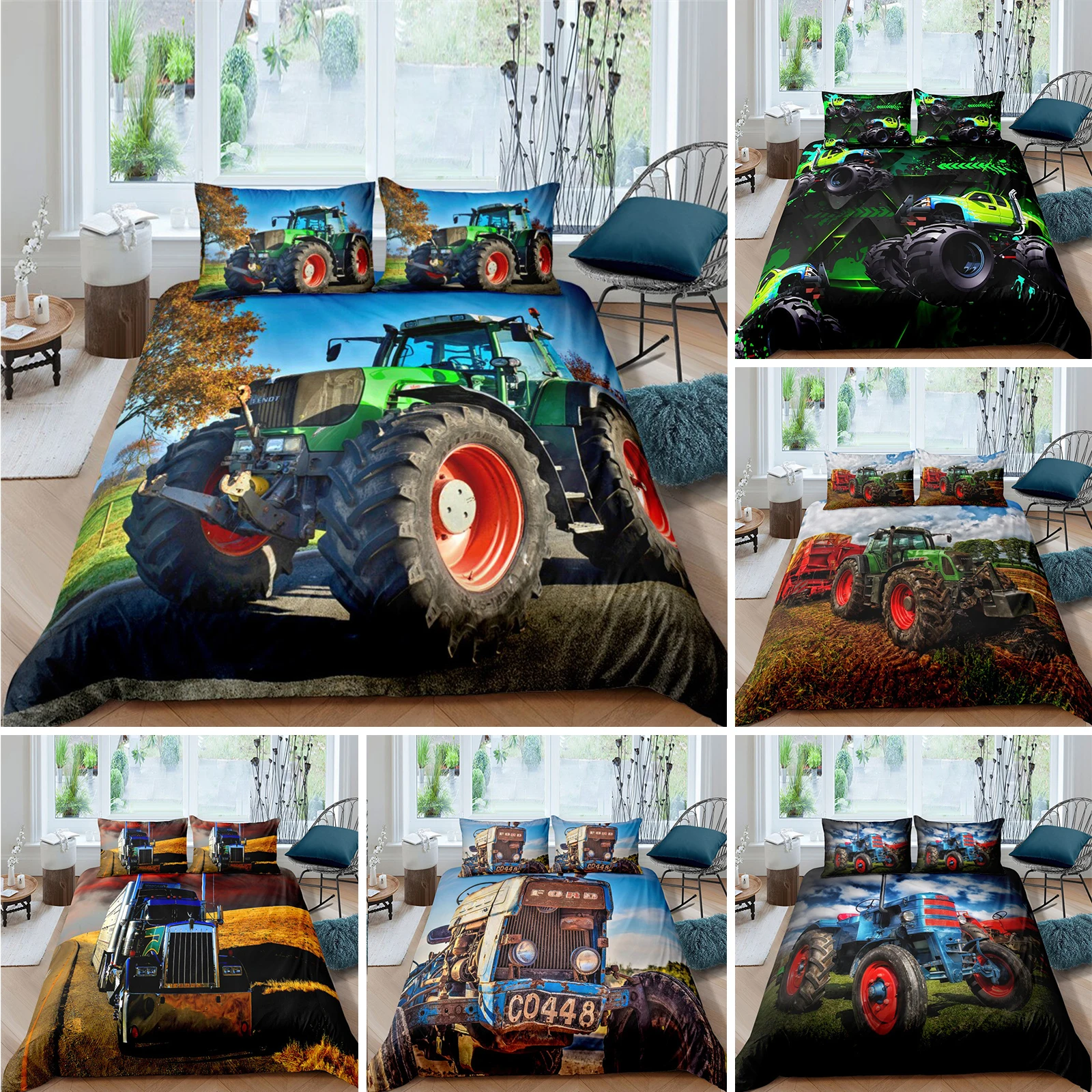 

Retro Tractor King Queen Duvet Cover Car Bedding Set Engineering Vehicle Quilt Cover Farm Tool Cart 2/3pcs Polyester Quilt Cover