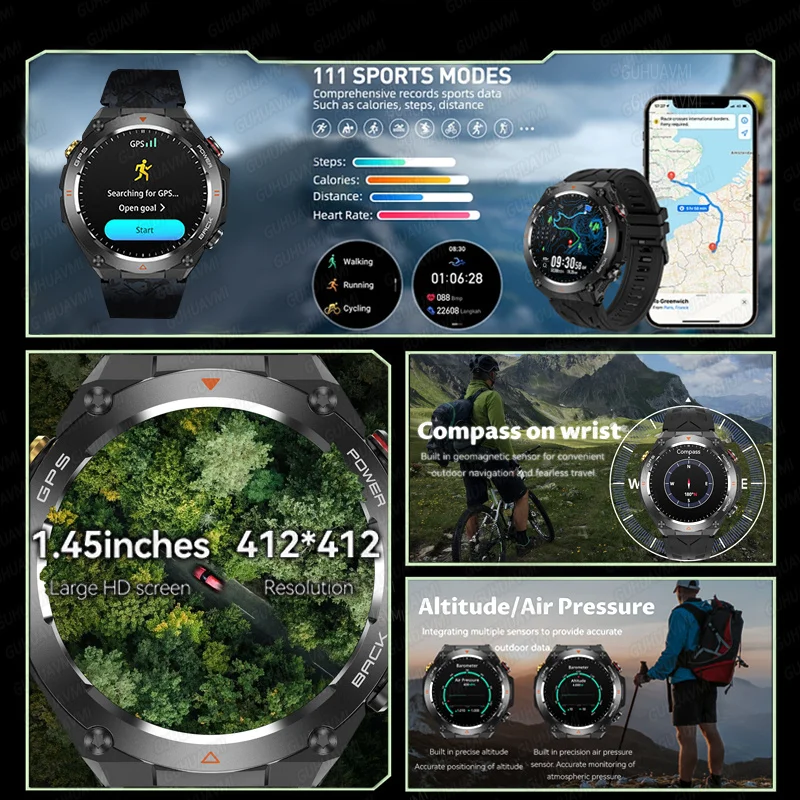 2024 New GPS Smart Watch 1.45" Ultra HD Display Built-in GPS & Compass Make/Receive Phone Calls 650mAh Battery Smart Braceletes 2