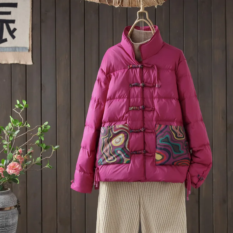 

Autumn Winter Ethnic Style Embroidery Frog Down Coat Women Warm Thick White Duck Down Jacket Lady Loose Bigsize Parkas Outwears