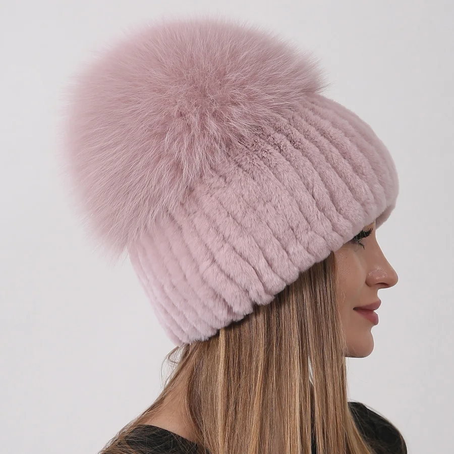 Winter natürliche Kaninchen Pelzmütze russische Frauen Echtpelz Fuchs Pompon gestrickt warme Hüte – Detail 4