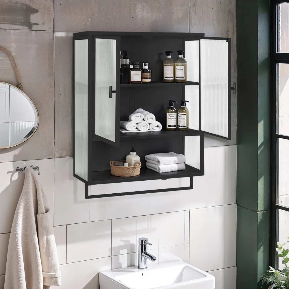Wandschrank mit Glastüren, mit zweistufigem, geschlossenem Stauraum, offenem Regal und Handtuchhalter für den Eingangsbereich, das Wohnzimmer und das Badezimmer – Detail 24