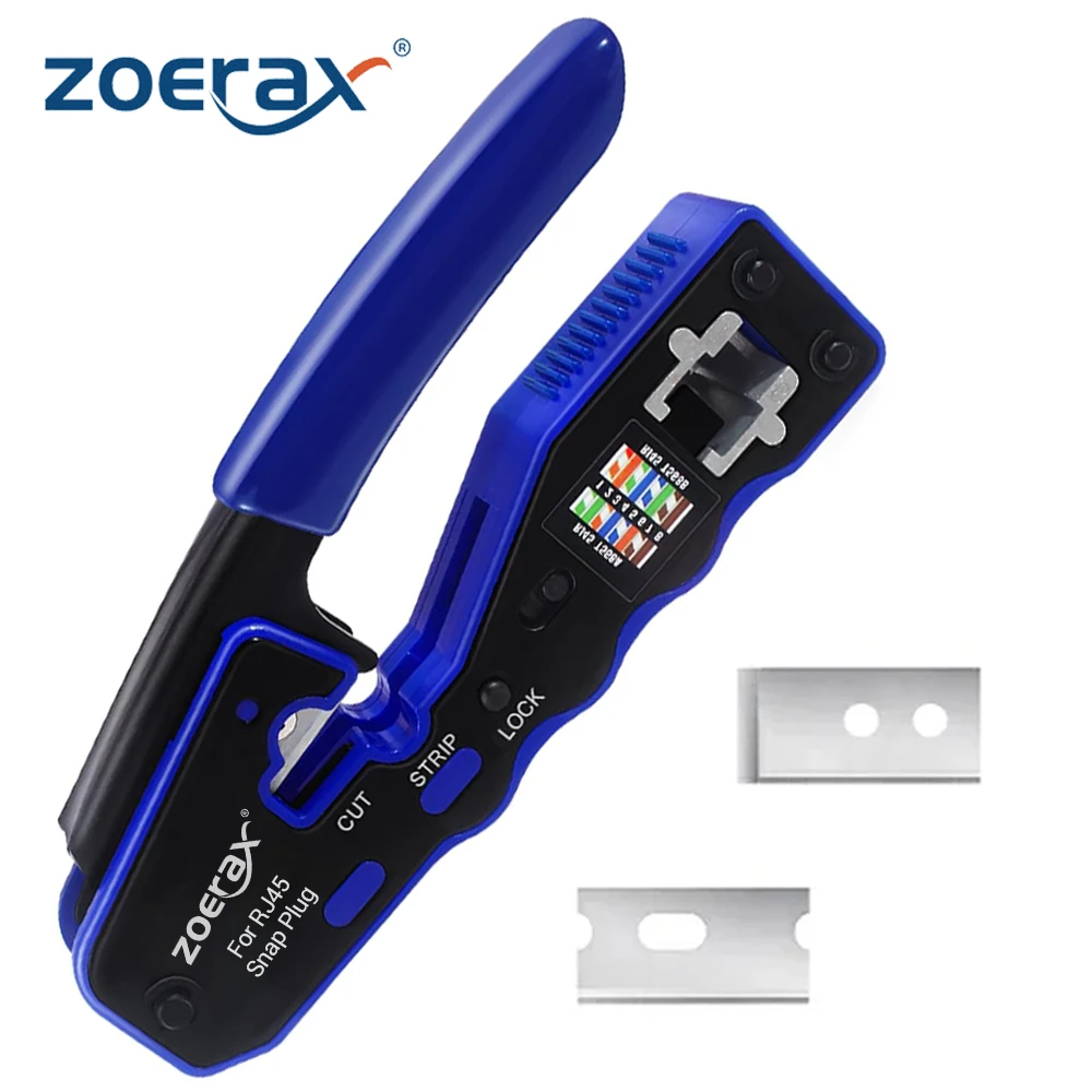 ZoeRax RJ45 Pass Through Crimper Tool Ethernet Crimper EZ Network Crimping Tool Wire Stripper Cutter Cat6a Cat5