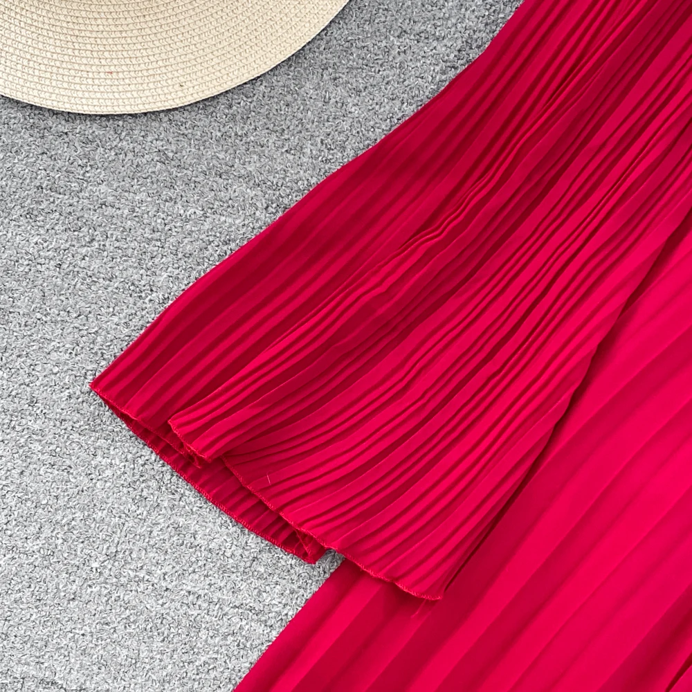 Autumn Flare Sleeve V-neck Midi Dresses for Women Solid Pleated A-line Elegant Party Dress Korean Fashion One Piece Vestidos New